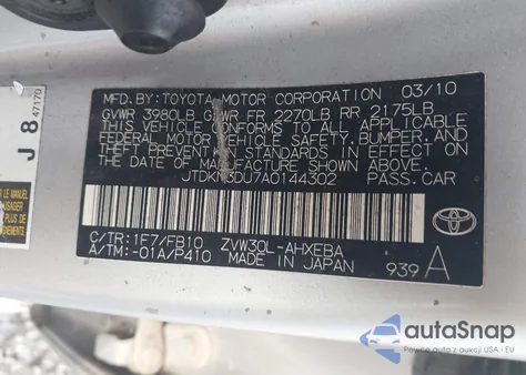 2010 Toyota Prius Iii from USA, damaged, VIN JTDKN3DU7A0144302